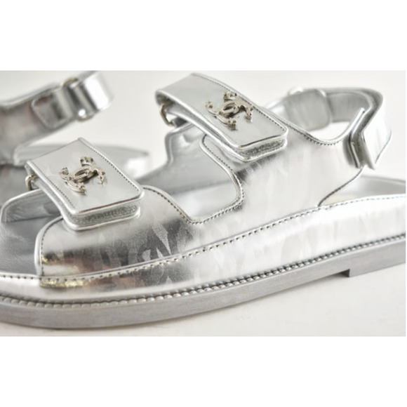 Chanel 22C Silver Laminated Star CC Logo Mule Slide Strap Flat Dad Sandal 35.5 - Picture 2 of 12